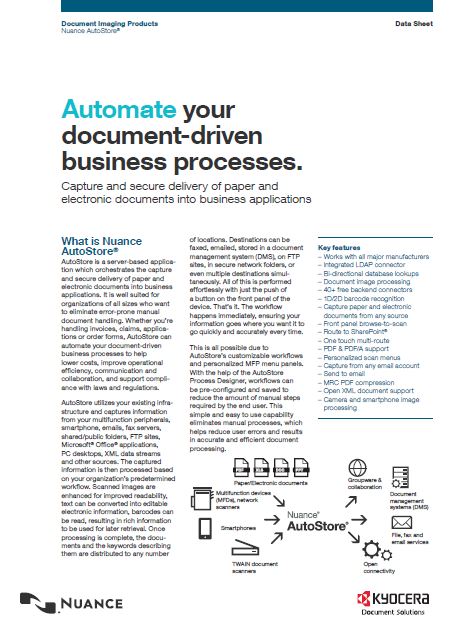 Kyocera Software Capture And Distribution Nuance Autostore Data Sheet Thumb, National Ram Business Systems, Kyocera, KIP, HP, San Gabriel Valley, California, CA