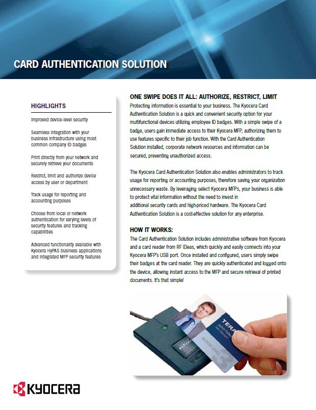 Kyocera Software Cost Control And Security Card Authentication Data Sheet Thumb, National Ram Business Systems, Kyocera, KIP, HP, San Gabriel Valley, California, CA