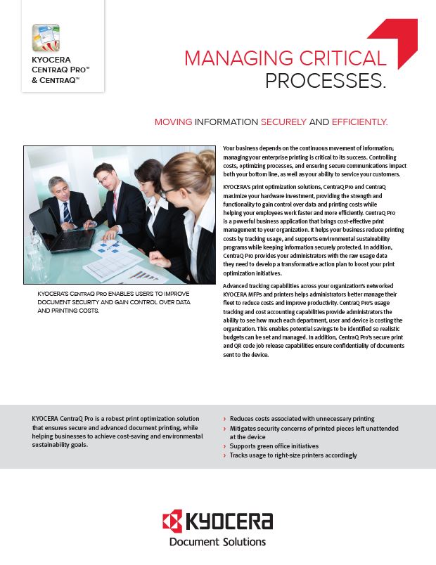 Kyocera Software Cost Control And Security Centraq Pro Data Sheet Thumb, National Ram Business Systems, Kyocera, KIP, HP, San Gabriel Valley, California, CA