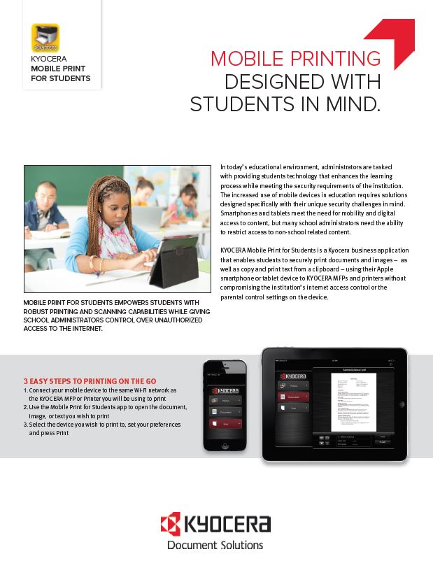 Kyocera Software Mobile And Cloud Kyocera Mobile Print For Students Data Sheet Thumb, National Ram Business Systems, Kyocera, KIP, HP, San Gabriel Valley, California, CA