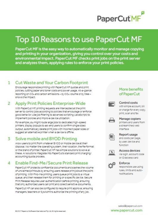 Top 10 Reasons, Papercut MF, National Ram Business Systems, Kyocera, KIP, HP, San Gabriel Valley, California, CA